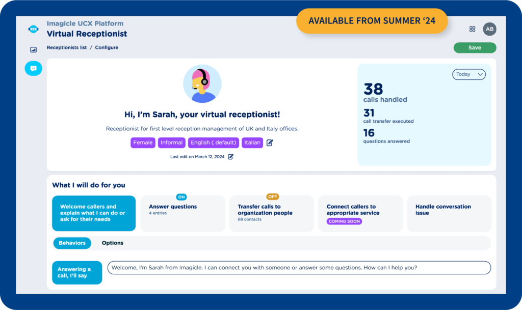 Meet Imagicle Virtual Receptionist, the digital twin of your human receptionists.